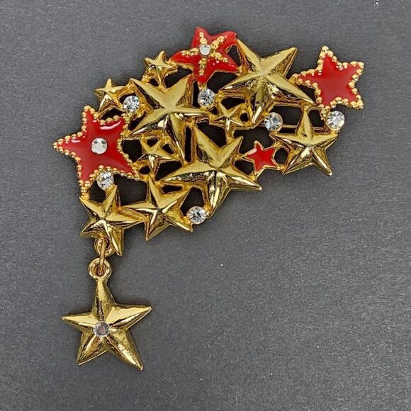 Vintage Shooting Star Cluster Brooch Pin Massive Statement Red Enamel Rhinestone - Picture 8 of 8
